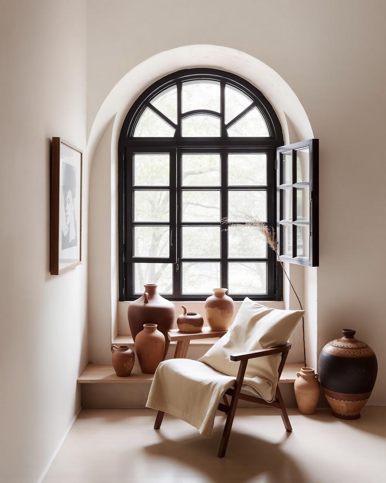 Reading nook with arched window and ceramic vessels